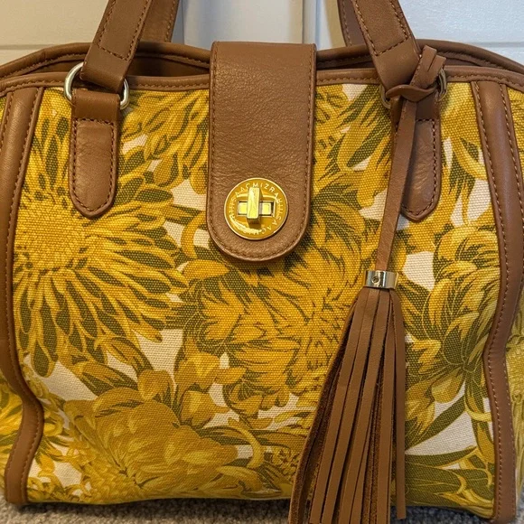 Isaac Mizrahi Floral Yellow Floral Canvas Tote Bag with Leather Trim and Straps - Picture 2 of 6